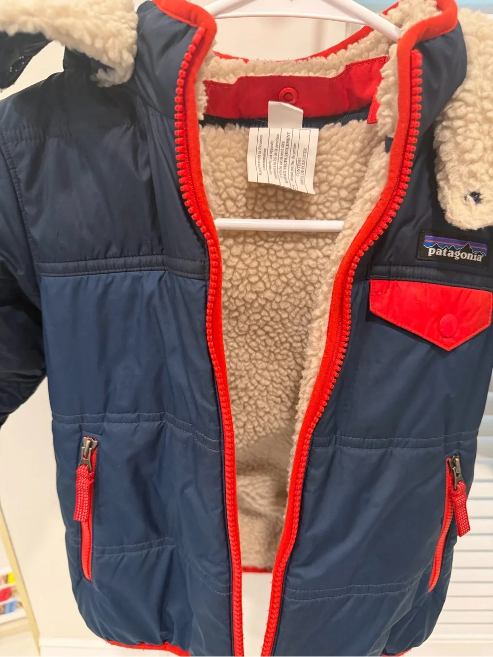 Patagonia Navy Jacket with Red Trim and Cream Sherpa Collar 4T